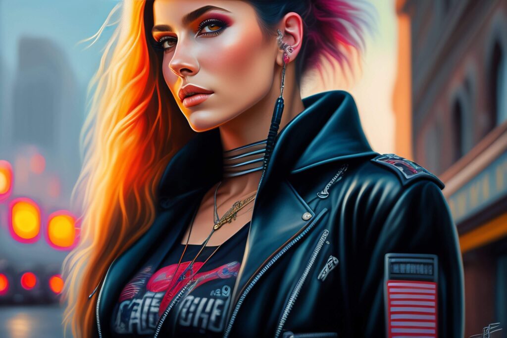 cute punk rock girl, mad max jacket, renaissance, cables on her body, hyper realistic style, oil painting, fantasy by Olga Fedorova 1