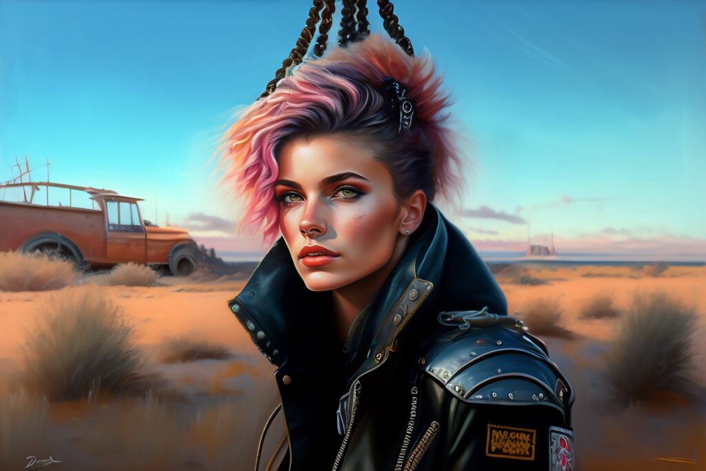 cute punk rock girl, mad max jacket, renaissance, cables on her body, hyper realistic style, oil painting, fantasy by Olga Fedorova 2