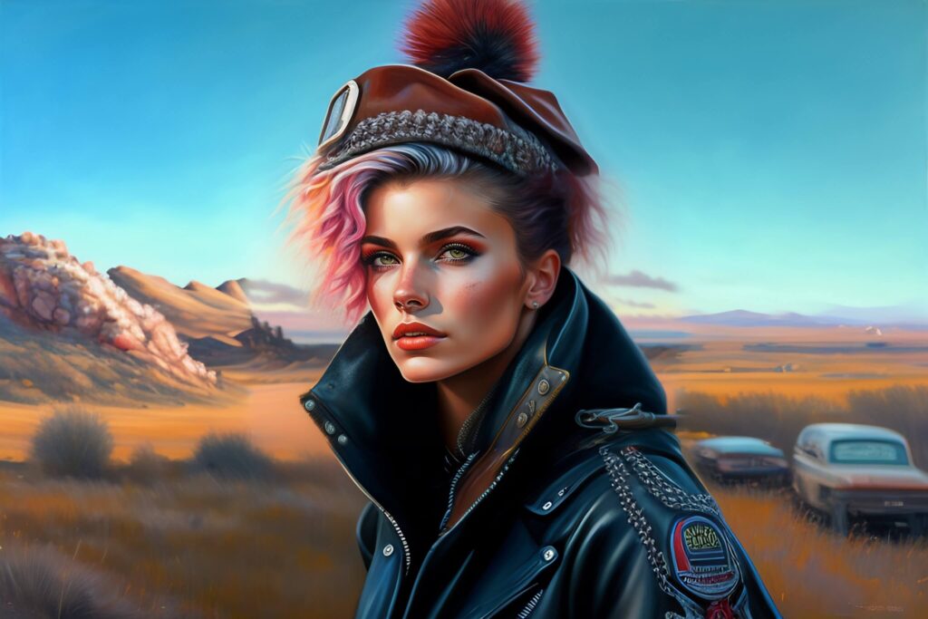 cute punk rock girl, mad max jacket, renaissance, cables on her body, hyper realistic style, oil painting, fantasy by Olga Fedorova 3