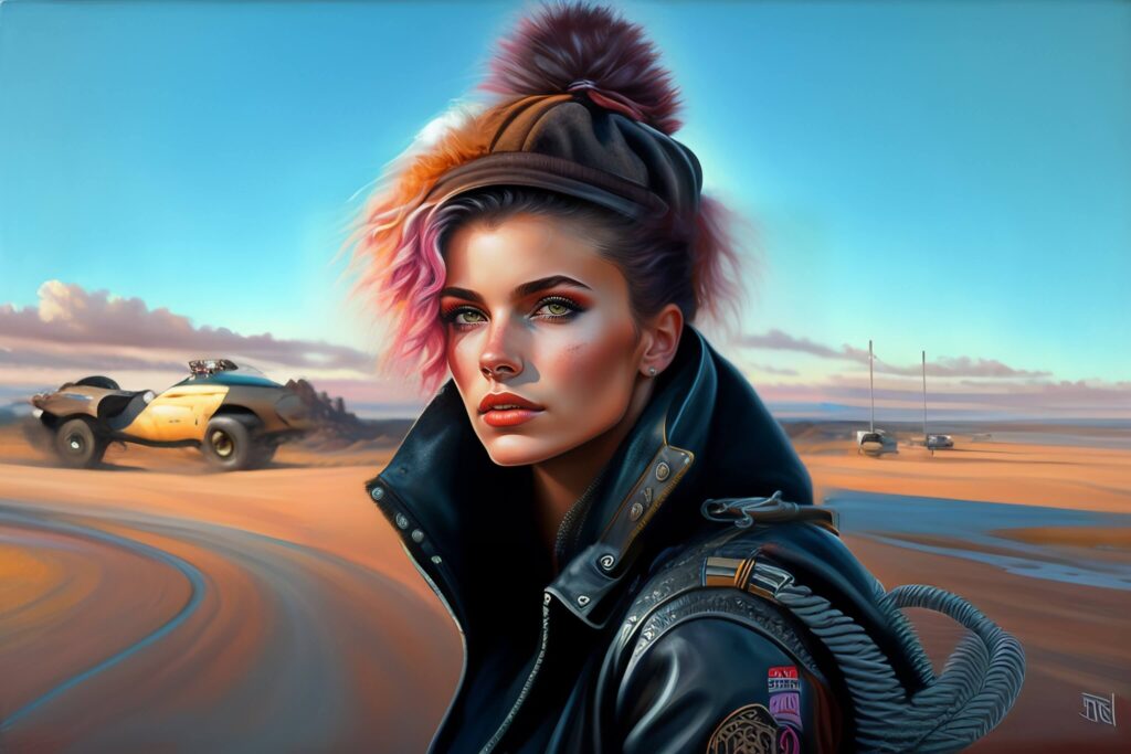 cute punk rock girl, mad max jacket, renaissance, cables on her body, hyper realistic style, oil painting, fantasy by Olga Fedorova 4