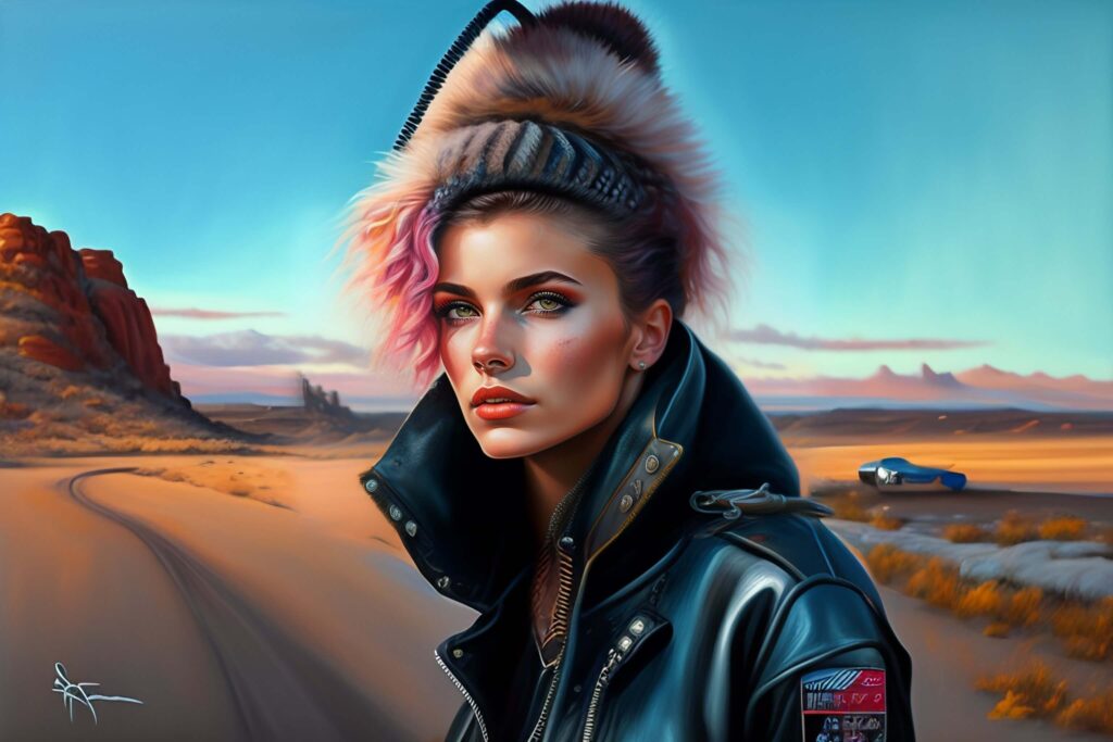 Lexica - cute punk rock girl, mad max jacket, renaissance, cables on her body, hyper realistic style, oil painting, fantasy by Olga Fedorova 5