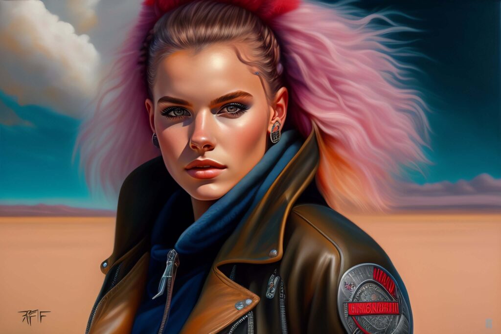 cute punk rock girl, mad max jacket, renaissance, cables on her body, hyper realistic style, oil painting, fantasy by Olga Fedorova 7