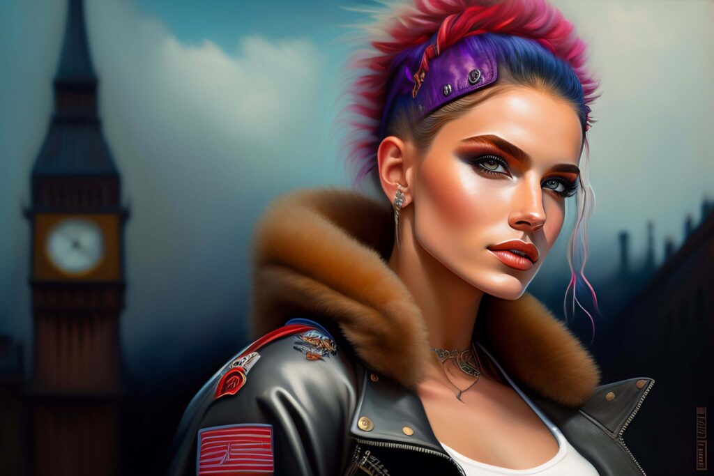 cute punk rock girl, mad max jacket, renaissance, cables on her body, hyper realistic style, oil painting, fantasy by Olga Fedorova 8