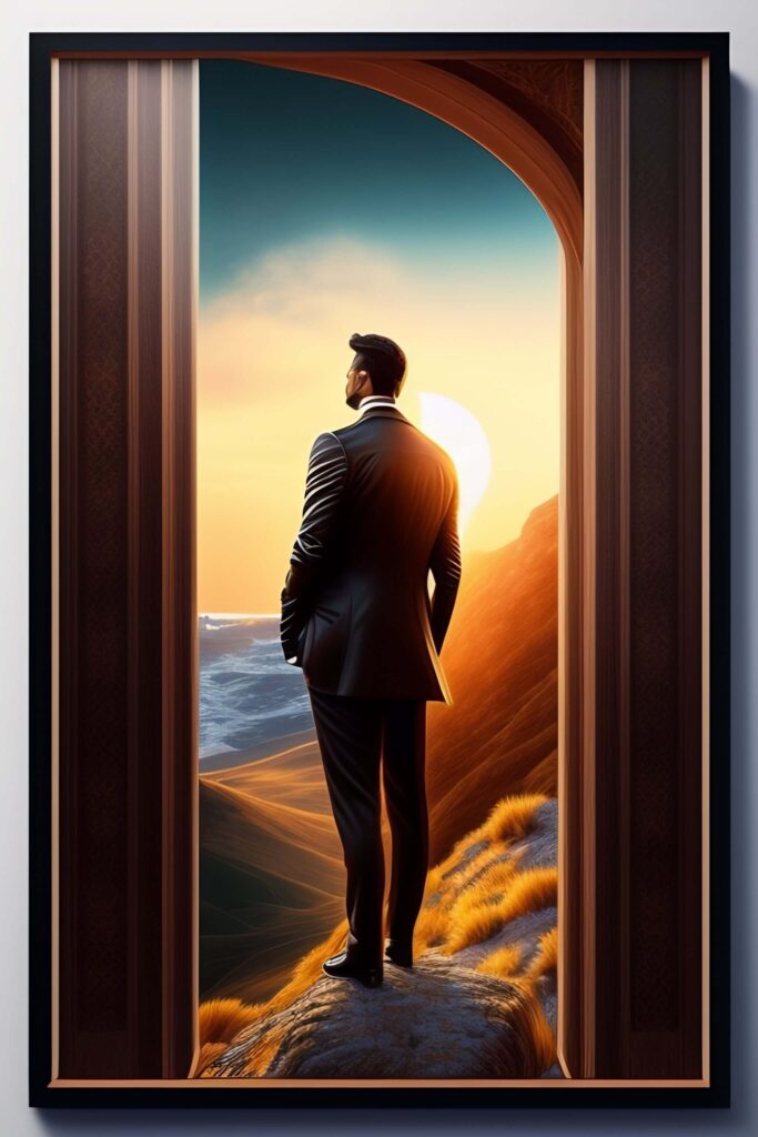 OraleAndreu concept, a man wearing a suit looking to the horizont in front of a open door, he stands on a edge of a cliff