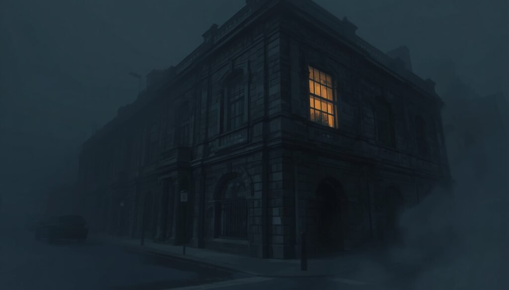 Comisaría victoriana envuelta en niebla en Crouch End, escenario de la serie de Stephen King