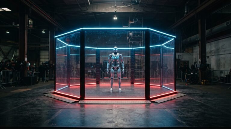 Robot humanoide dentro de una jaula de combate iluminada