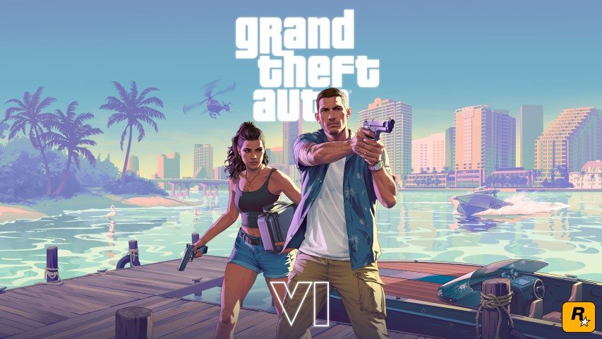 Jason y Lucía, protagonistas de GTA VI, con pistolas en un muelle de Vice City