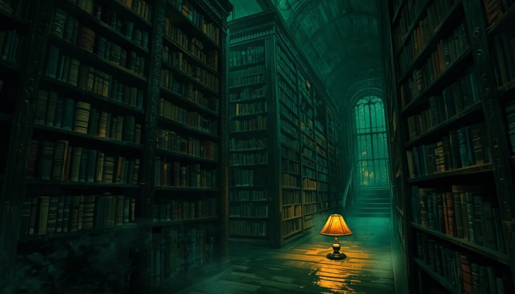 Biblioteca antigua y sombría iluminada por una lámpara, ambiente de los Mitos de Cthulhu