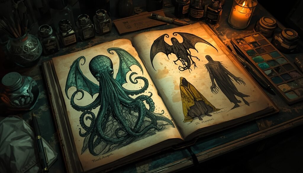 Enciclopedia abierta con ilustraciones de Cthulhu y criaturas de los Mitos