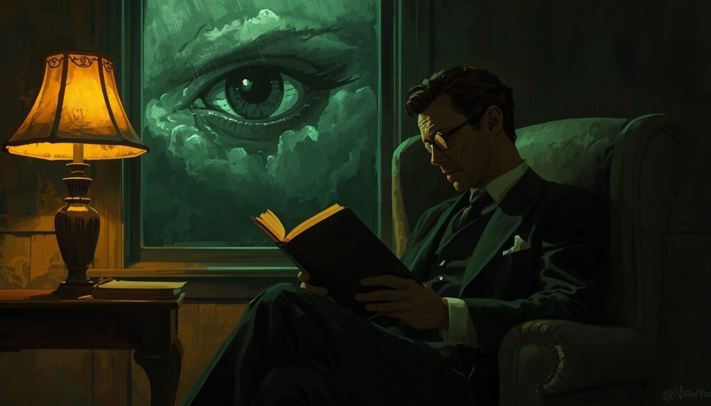 Investigador leyendo un libro junto a un cuadro de un ojo verde inquietante