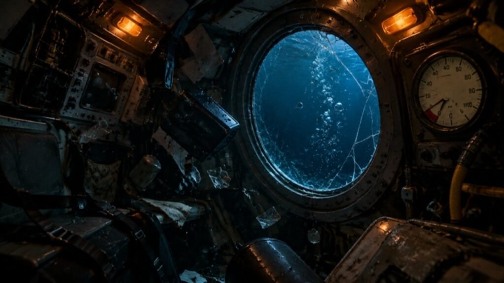 Interior de una cápsula espacial hundida, con luces ámbar de alarma y una ventanilla que da al océano