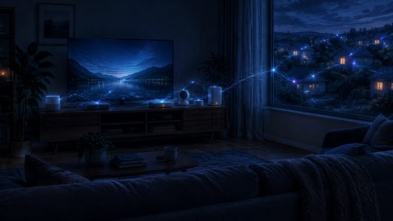 Sala oscura de noche con un televisor y aparatos inteligentes conectados por hilos de luz que se extienden hacia otras casas