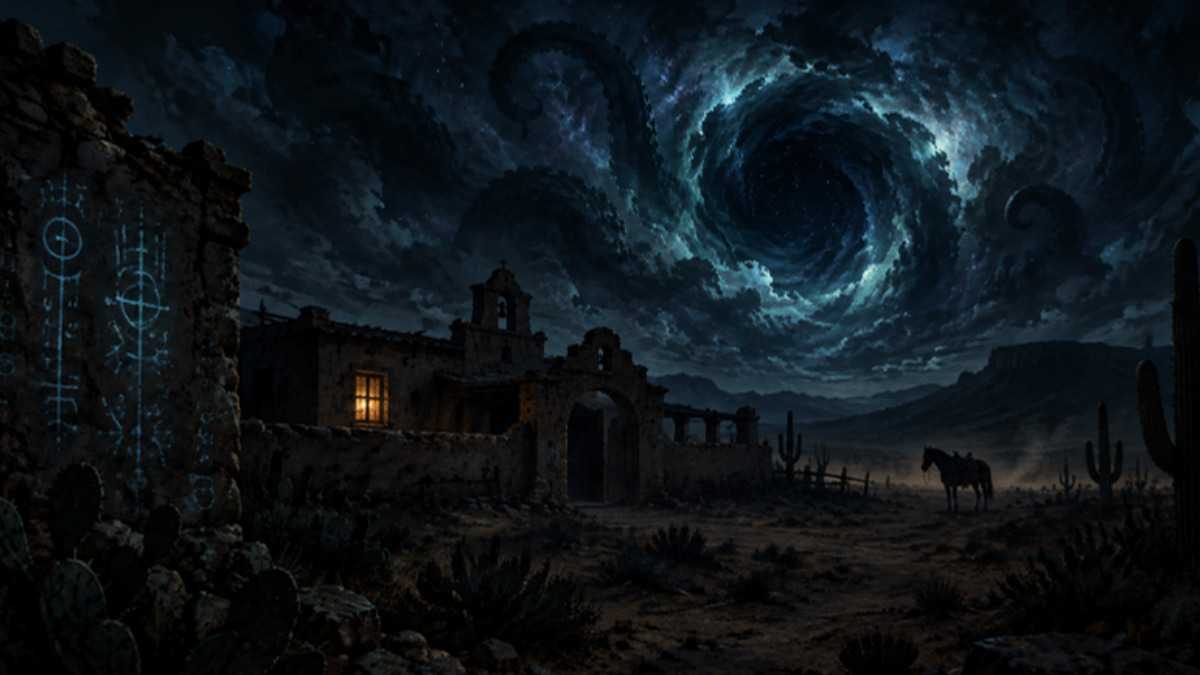 Hacienda de adobe abandonada en el desierto de noche, bajo un remolino cósmico en el cielo con formas de tentáculos
