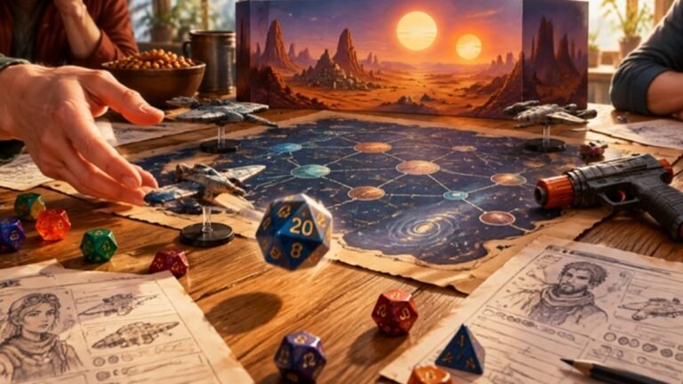 Partida de rol de mesa con dados de colores, un mapa estelar dibujado a mano y miniaturas de naves genéricas