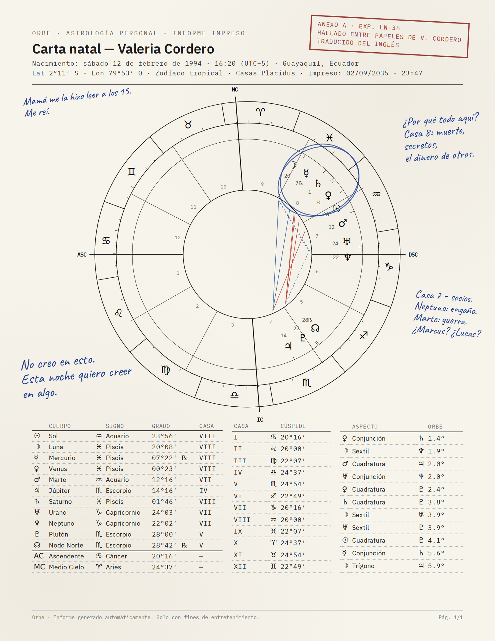 Carta natal de Valeria Cordero: rueda zodiacal con las casas y los planetas, notas manuscritas en los márgenes y un sello del expediente.