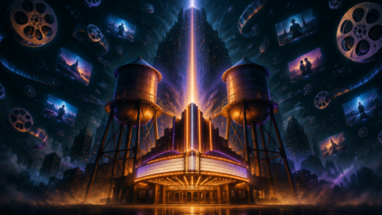 Dos torres de agua de estudios de cine y una marquesina antigua unidas por un haz de luz frente a un gran rascacielos de noche