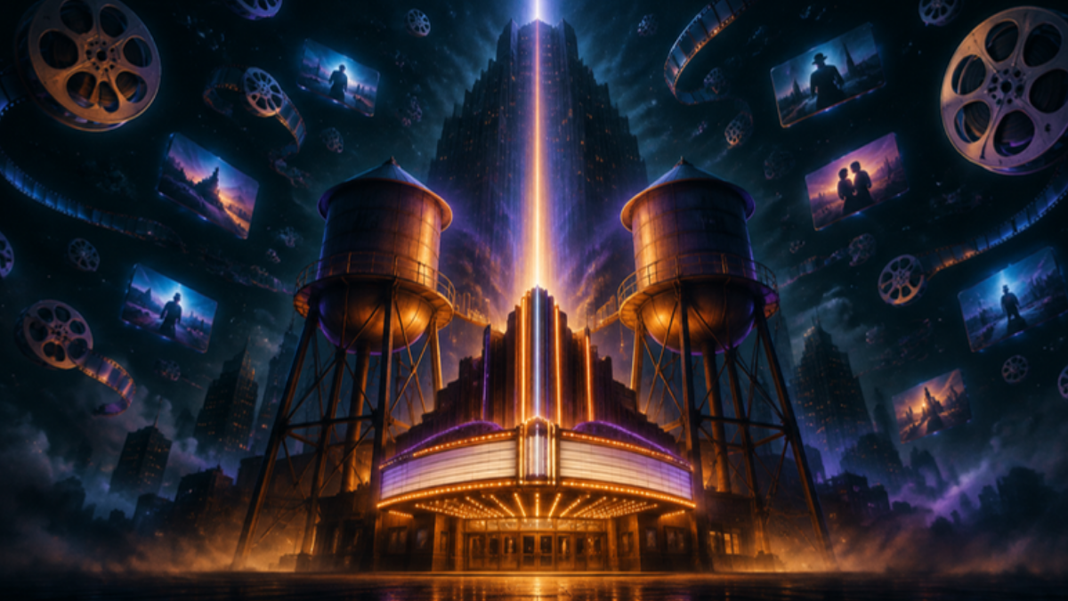 Dos torres de agua de estudios de cine y una marquesina antigua unidas por un haz de luz frente a un gran rascacielos de noche