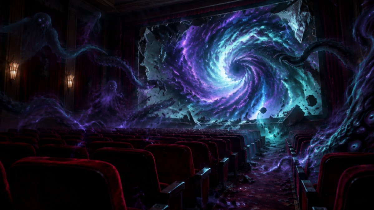 Sala de cine con una pantalla que estalla en un vórtice cósmico de energía violeta y turquesa