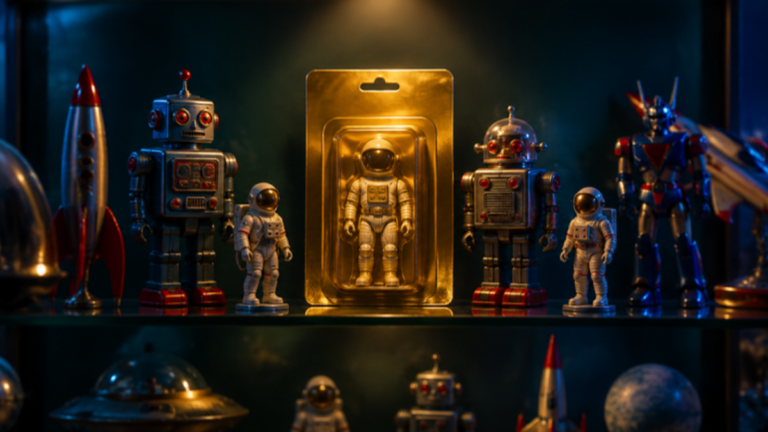 Vitrina de coleccionista con juguetes retro de robots y astronautas alrededor de un empaque dorado iluminado