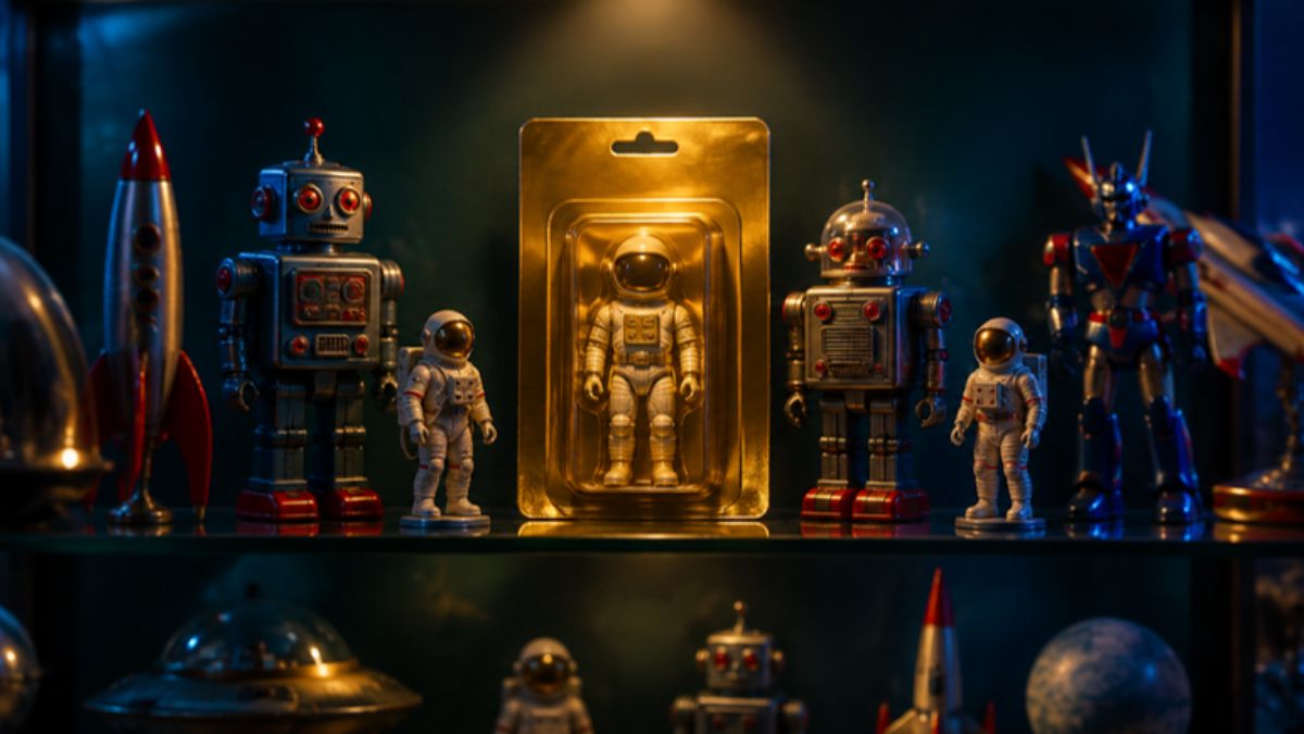 Vitrina de coleccionista con juguetes retro de robots y astronautas alrededor de un empaque dorado iluminado