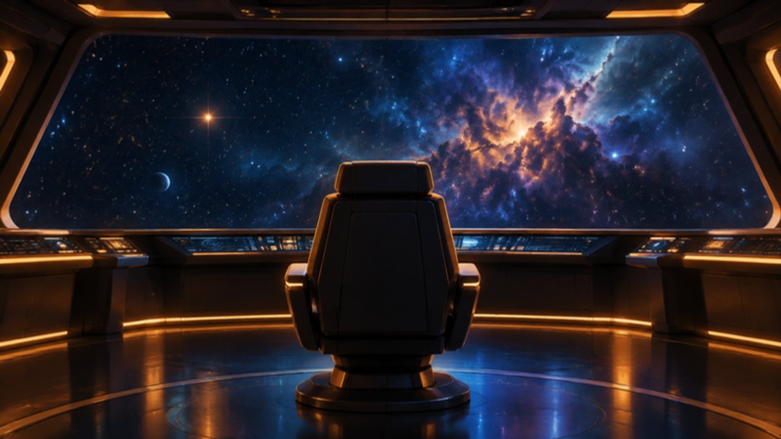 Silla de capitán vacía en el puente de una nave espacial, de espaldas, frente a un ventanal lleno de estrellas y una nebulosa