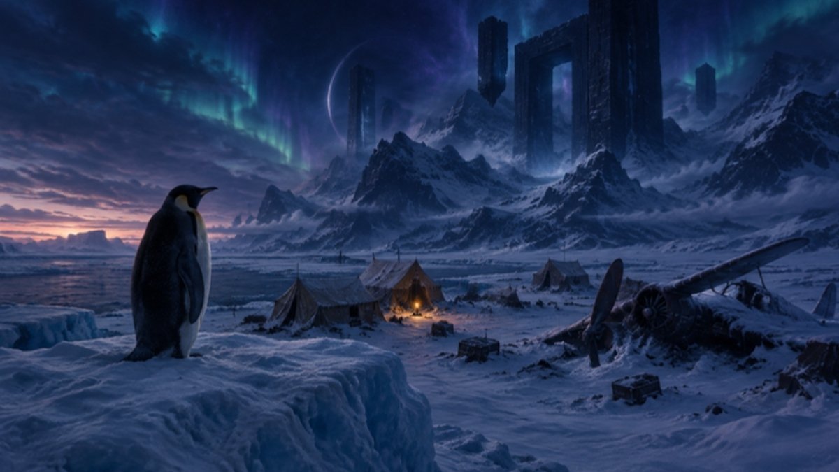 Pingüino sobre una cresta de hielo antártica al anochecer, con un campamento de expedición abandonado y ruinas alienígenas al fondo