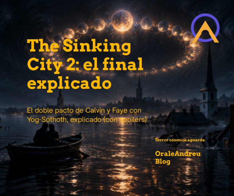 Dos siluetas abrazadas en un bote mientras un anillo de esferas luminosas desciende sobre una ciudad inundada